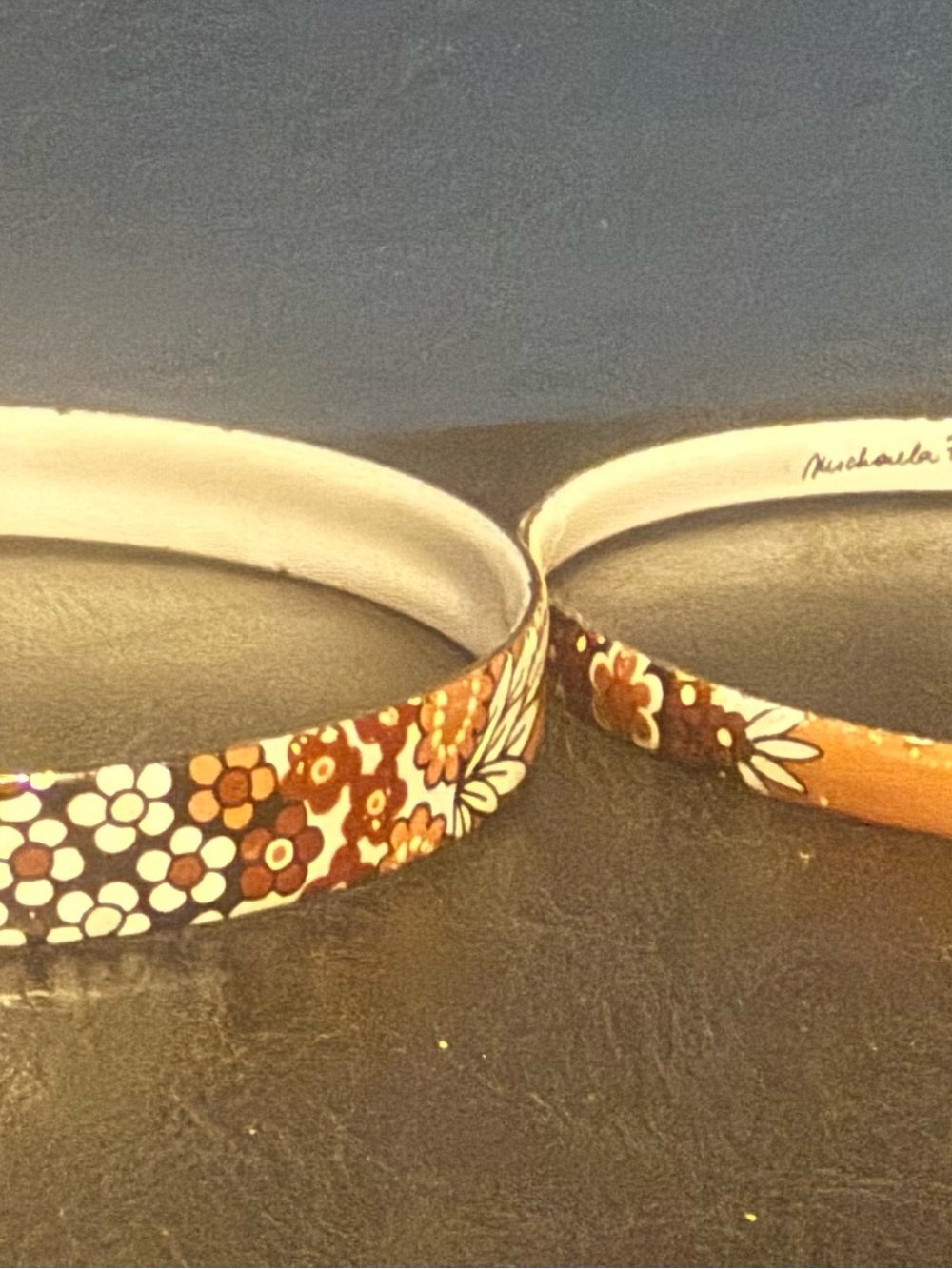 Vtg Michaela Frey Bangle Bracelet Set Signed Austria Floral Pair, 1/4” & 3/8”